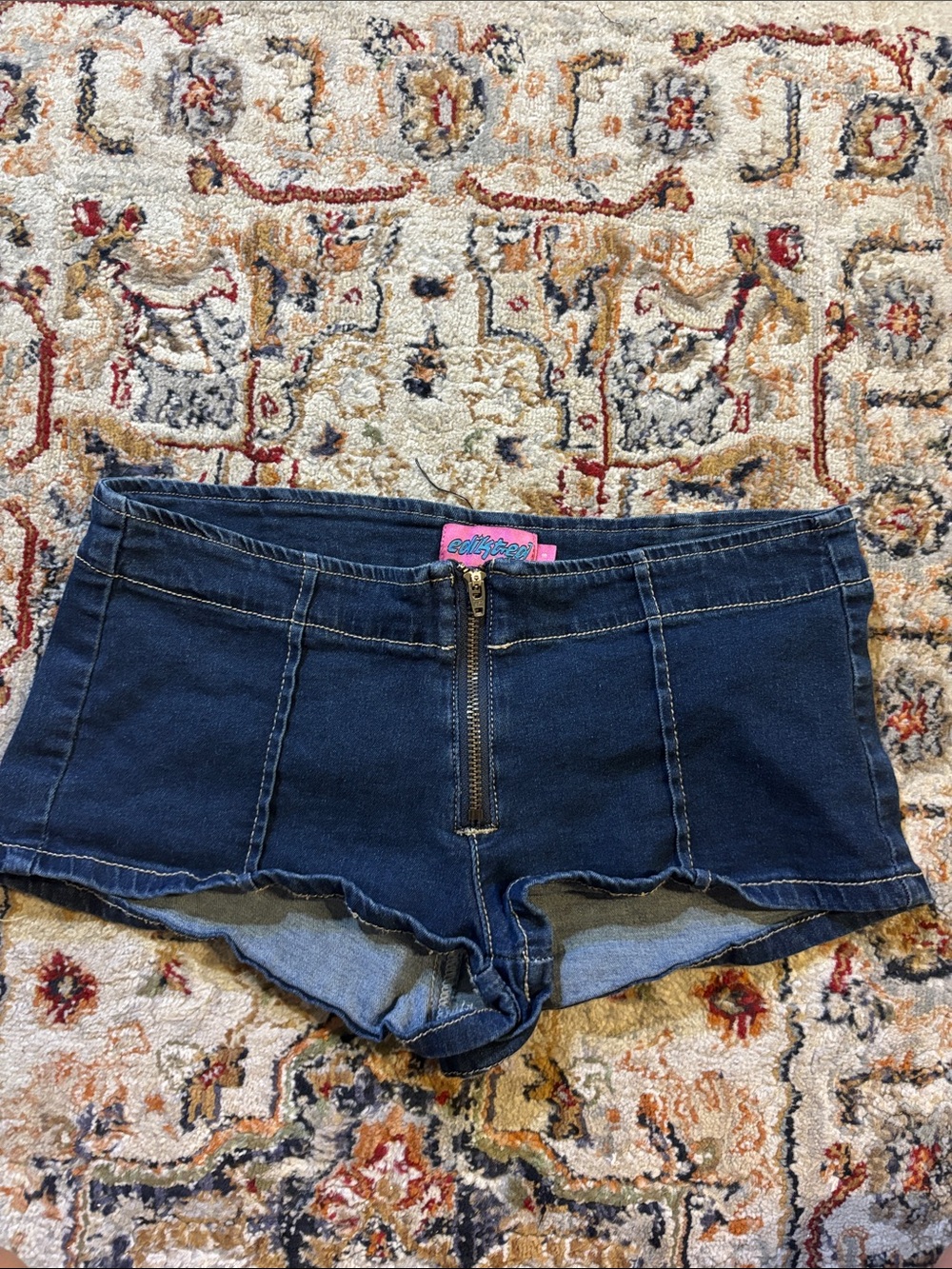 Edikted Dark Blue Zip-Front Denim Short Shorts